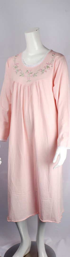 Cotton knit L/S nightie w laced trim neck and embroidered floral yoke and lace hem pink Style:AL/ND-285 image 0